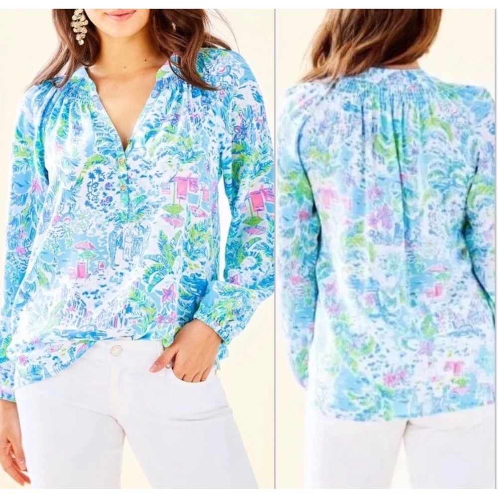 Lilly Pulitzer Elsa Silk Blouse Beach Please Tropical Print Blue Pink Medium